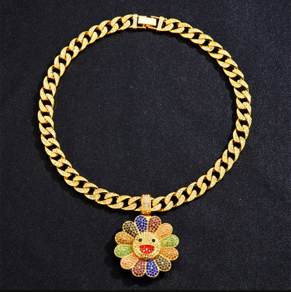 Hip Hop Ice Out Cuban Link  Rotating Multicolored CZ Sun Flower Pendant …